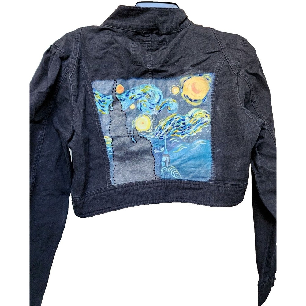 Star Jean Jacket Black Size Medium Starry Night Embellished Painted Boho Art